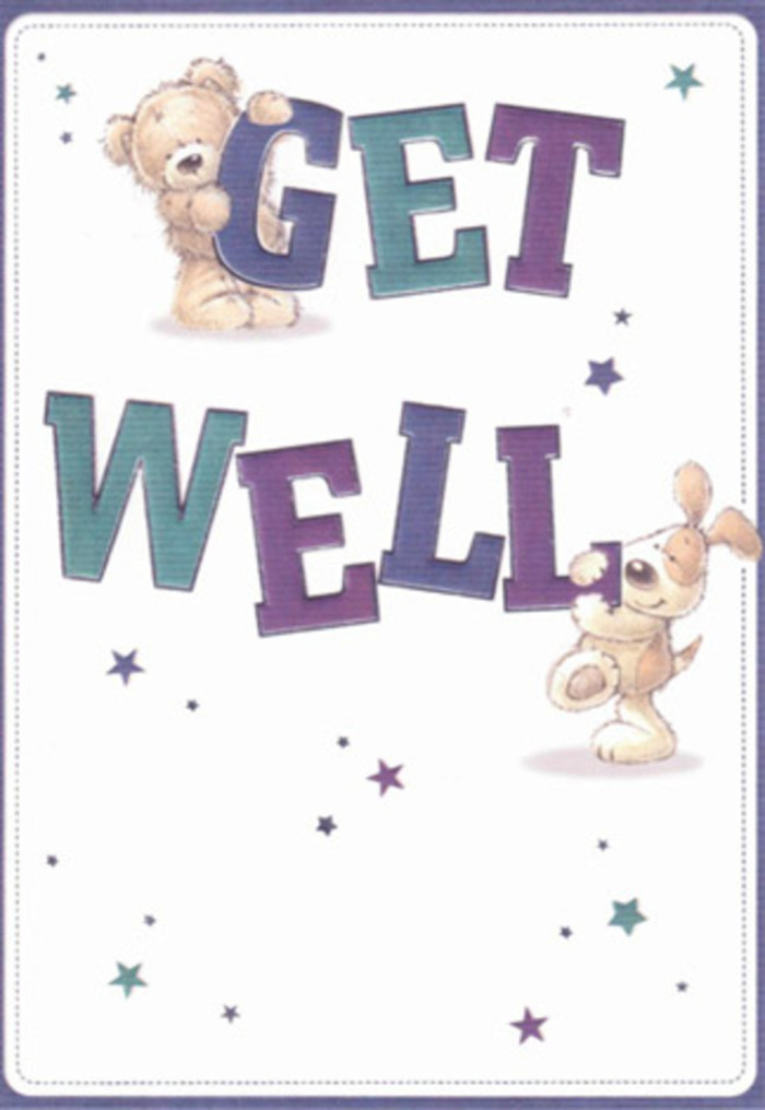 Bursting with charm and goodwill, this get well card's scene resonates with the neighbourly kindness found in Harold Wood. A golden-brown teddy bear with plump cheeks and a bright-eyed, floppy-eared puppy anchor the composition, each joyfully holding up the bold 'Get Well' letters shaded in gradients of deep purple and teal. Their rounded, inviting forms are highlighted by delicate starbursts scattered in blues and violets-a playful echo of the evening sky above Harold Wood's tree-lined avenues. The textured brushstrokes of fur and playful, confident typography create a tactile quality, reminiscent of the hands-on care taken with every bouquet prepared by Harold Wood Florist. Against a pristine, creamy background, the card exudes a sense of clarity and hope, qualities cherished by locals wishing swift recoveries for loved ones. As a pairing to a thoughtfully arranged flower delivery, this card evokes comfort, sincerity, and a heartfelt wish for brighter days, infusing each gesture with the unmistakable compassion of Harold Wood.